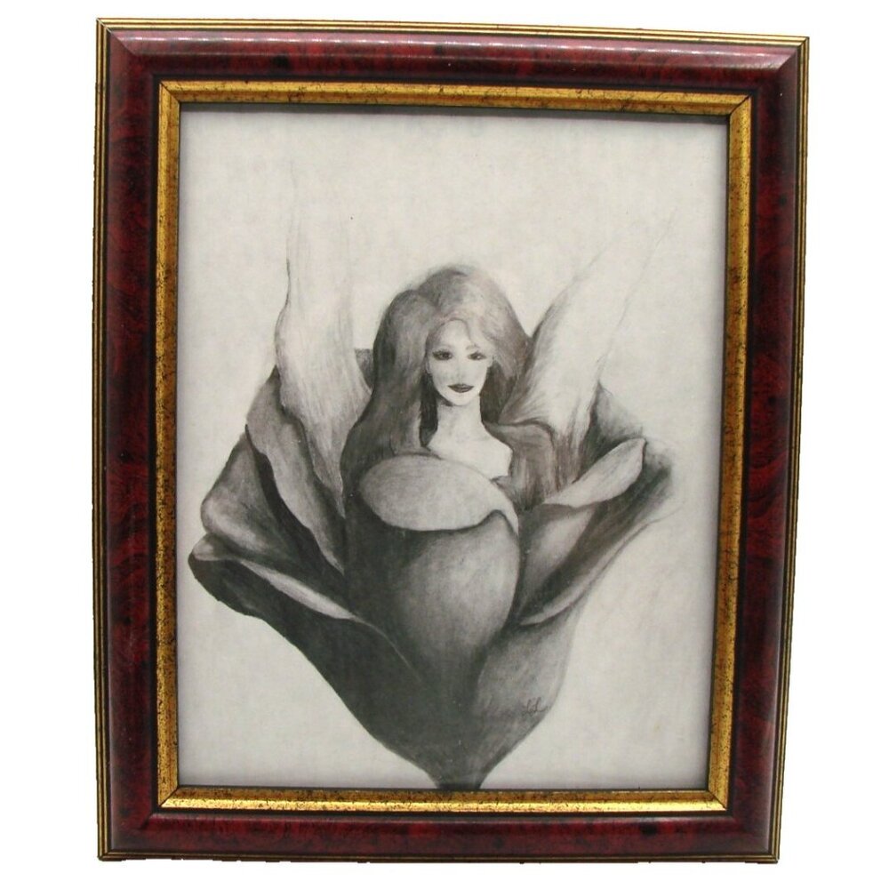 Angel Lady in Lotus Flower Floral Pencil Art Drawing Sketch Signed Frame 10x12"